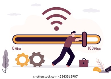 Male user speeds up wireless internet. Smart engineer moves slider on measuring scale. Wi-fi signal quality improvements, speed optimization. Tariff plan with fast internet. flat vector illustration