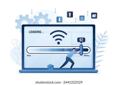 El usuario masculino acelera el acceso inalámbrico a Internet en el portátil. El hombre mueve el control deslizante en la escala de medición. Mejoras en la calidad de la señal, optimización de la velocidad. Plan de tarifas con internet rápido en el ordenador. Ilustración de vector