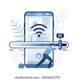 El usuario masculino acelera el Internet inalámbrico en el teléfono móvil. El hombre mueve el control deslizante en la escala de medición. Mejoras en la calidad de la señal Wi-Fi, optimización de la velocidad. Plan de tarifas con internet rápido en smartphone. Vector
