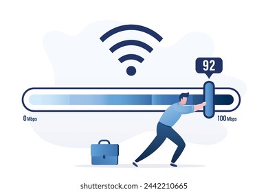 El usuario masculino acelera el acceso inalámbrico a Internet. El ingeniero mueve el control deslizante en la escala de medición. Mejoras en la calidad de la señal Wi-Fi, optimización de la velocidad. Plan de tarifas con internet rápido. Ilustración vectorial plana