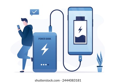 Male user uses smartphone and charges it from giant power bank. Portable phone charger. Cell Phone with low battery. Modern technology charging devices. flat vector illustration