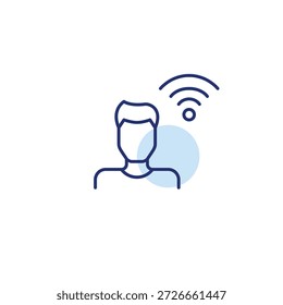 Usuário masculino e wi-fi. Trabalho, colaboração e contatos remotos. Pixel perfeito, ícone de vetor de traçado editável