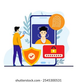 Masculino usando huellas dactilares y reconocimiento facial para desbloquear su teléfono inteligente. Protección de datos móviles y concepto de seguridad en Ilustración vectorial plana. 