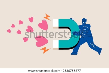 Male using magnet attracts hearts. Clients attraction concept. Colorful vector illustration
