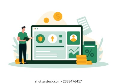 Male using tablet, cashless and online paying. Online banking financial services. Payments for purchases and services with different gadgets. Financial investments. Flat vector illustration