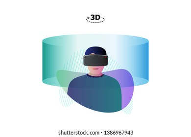 Male using virtual reality headset glasses. Vr interface world design template. Future innovation technology vector modern illustration