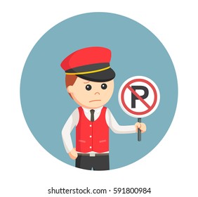male valet with forbidden parking sign in circle background