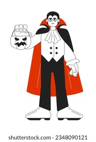 Male vampire with candy bucket monochrome concept vector spot illustration. Halloween party 2D flat bw cartoon character for web UI design. Asking for candies isolated editable hand drawn hero image