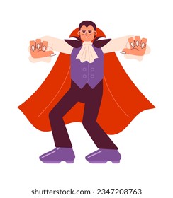 Male vampire trick-or-treating flat concept vector spot illustration. Halloween party adult 2D cartoon character on white for web UI design. Vampire cosplay isolated editable creative hero image