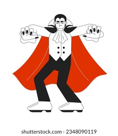 Male vampire trick-or-treating monochrome concept vector spot illustration. Halloween party 2D flat bw cartoon character for web UI design. Vampire cosplay isolated editable hand drawn hero image