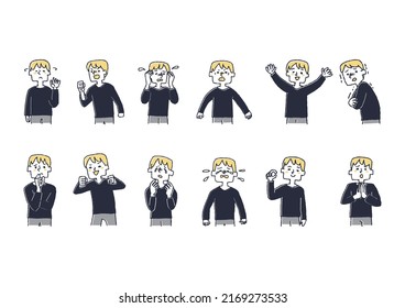 Variación masculina set 2 que expresa diversas emociones con expresiones faciales y gestos