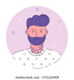 Male vector avatar. Face and shoulders. Icon of a man. Hipster avatar for website or application with beard. Man with a tattoo on his neck. Editable stroke.