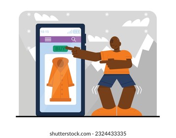 Male vector character buys warm clothes. Man is cold and chooses winter jacket online. Purchases of personal items through phone application. Application for non cash payment