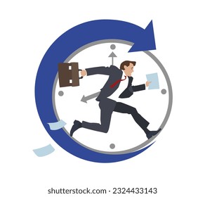 Male vector character is late for work. Man in office suit is running. Employee did not submit documents on time. Lack of time and productivity performance