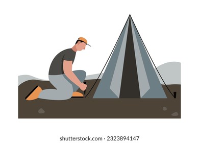 Male vector character is pitching tent outside. Experienced traveler prepares place for night. Outdoor recreation. Sports lifestyle, camping. Weekend out of town