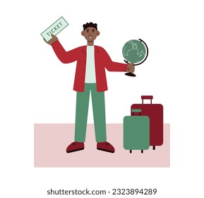 Male vector character ready to travel. Smiling man stands near packed suitcase and shows ticket. Guy holds globe in his hands. Tourist trips around world