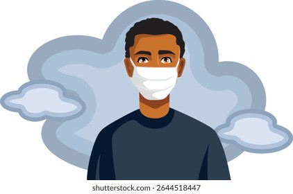 
Männliche Vektorfigur mit schützender Gesichtsmaske gegen Smog. Farbige Person, die in einem verschmutzten Gebiet lebt
