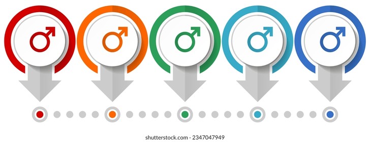 Male vector icon set, flat design infographic template, set pointer concept icons in 5 color options for webdesign and mobile applications