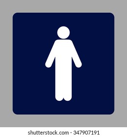 Male vector icon. Style is flat rounded square button, white and dark blue colors, silver background.