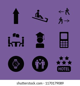 male vector icons set. with hotel five stars, up arrow, mobile phone and man riding sleigh in set