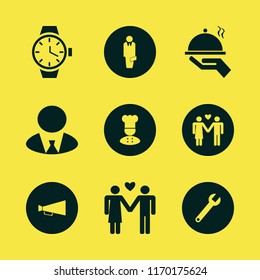 male vector icons set. with tray hand, watch, man woman love and chef in set