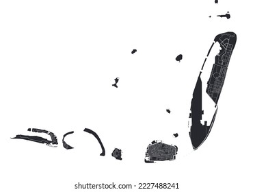 Male vector map. Detailed vector map of Male city administrative area. Cityscape poster metropolitan aria view. Black land with white roads and avenues. White background.