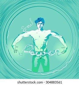 Male vector portrait in comics style. Illustration for fitness, yoga and bodybuilding establishment. Blue, green and white colors
 or event. Blue, green and white colors