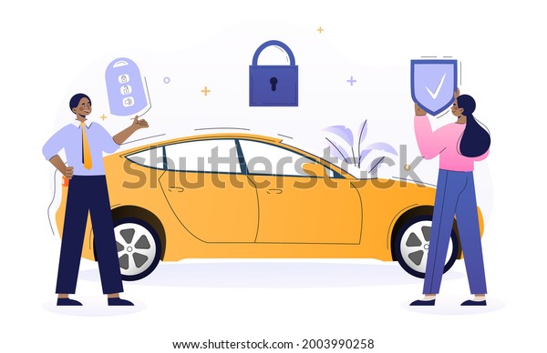 Male vehicle sales manager is installing car\
alarm into new car. Happy woman with car key and shield with\
padlock. Concept of car alarm system, anti-theft system. Flat\
cartoon vector\
illustration