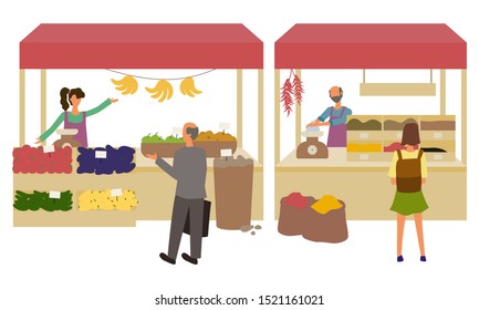 Male vendor selling species. Woman in apron standing behind counter with fruits and vegetables. People buying food. Street stall or kiosk. Marketplace vector