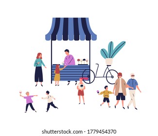 Male vendor work at candy booth vector flat illustration. Children, parents and grandparents eating and buying delicious at outdoor kiosk isolated. Happy people walking near stall with dessert