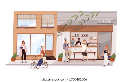 Male vendor work at outdoor coffeeshop on modern city street vector flat illustration. Man and woman eating and buying coffee and snack in cat cafeteria isolated. Kiosk with takeaway food and drink