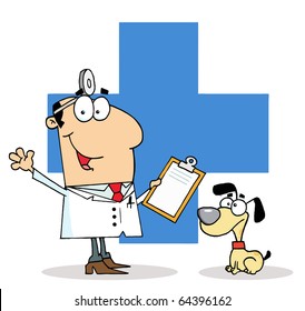 Male Vet With A Dog Over A Blue Cross