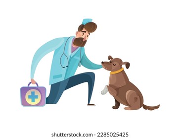 Male vet examining dog with bandaged paw flat vector illustration