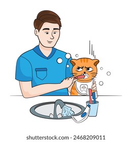 Male veterinarian with cute cat brushing tooth, animal health care. International veterinarian's day