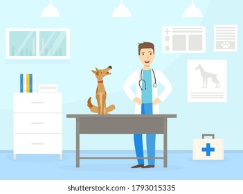 Male Veterinarian Doctor Examining Dog on Table in Vet Clinic, Professional Veterinary Consultation Concept Flat Vector Illustration