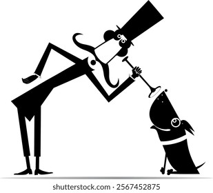 Male veterinarian examining a dog. 
Funny long mustache man in the top hat examining a smiling dog by endoscope. Black and white illustration
