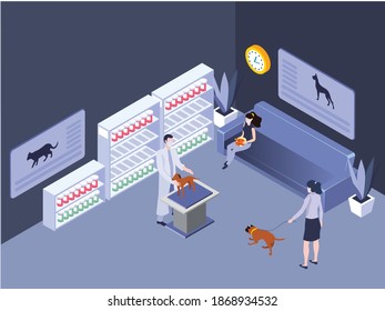 Male veterinarian examining dog in veterinary clinic. Clients sitting on bench with pets isometric 3d vector