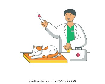 Male veterinarian handling a sick cat, injecting to cure. Character design. Vector flat illustration