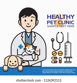 Male Veterinarian With Kitten, Puppy And Medicine Equipments, Pet Doctor In Vet Clinic Outline Cartoon