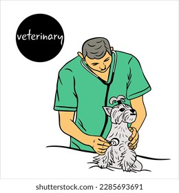 male veterinarian listens to dog's breathing with stethoscope. Yorkshire terrier puppy sitting while being examined by veterinarian. dog is being examined, health check in veterinary clinic.