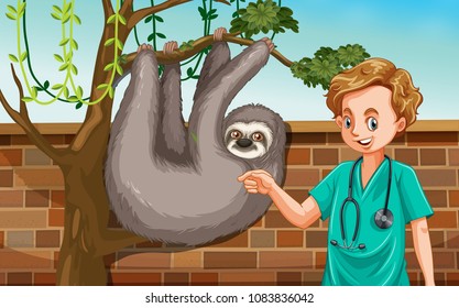 A Male Veterinarian with Sloth at Zoo illustration