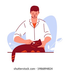 Male veterinarian washes treats the eyes of a cat. Treatment, pet care concept. Vector illustration in flat cartoon style.