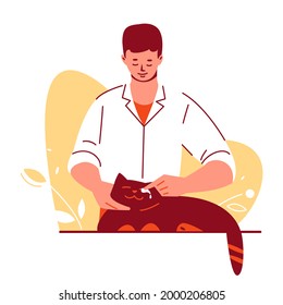 Male veterinarian washes treats the eyes of a cat. Treatment, pet care concept. Vector illustration in flat cartoon style.