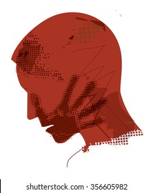 Male Victim Of Violence. Grunge Style Young Man Vector Silhouette With Hand Print On The Face.