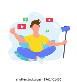 Male video blogger recording video with camera or smartphone. Boy vlogger. Vlogger record vlog streaming video, Creating video for blog or vlog. Cute vector illustration in flat style