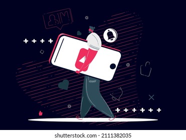 Male video content creator illustration. Vlogger, social media influencer concept. Video Content. Man holding his smartphone vector isolated illustration. Dark Background.