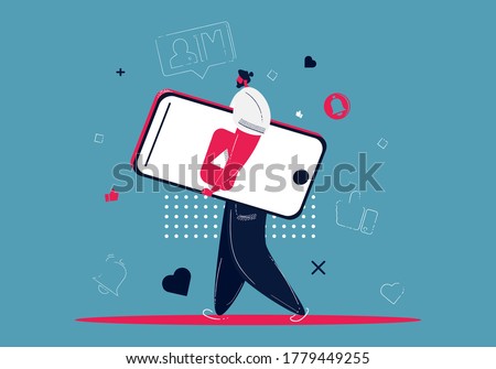 Male video content creator illustration. Blogger, social media influencer concept. Digital Marketing Strategy. Video Marketing. Man holding his smartphone vector isolated illustration.
