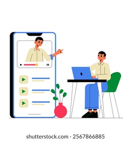 Male Video Creator Explaining Online Content On Mobile And Laptop Screens In Flat Vector Illustration Symbolizing Digital Education And Content Creation, Isolated On White Background.