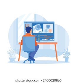 Male video editor sitting in front of a computer at home. Editing astronaut videos using software on a computer. Video Editor concept. Trend Modern vector flat illustration