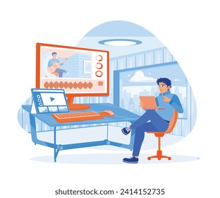 Editor de videos masculino trabajando en creativo loft de oficinas. Trabajar con grabaciones en una pantalla de ordenador. Concepto del editor de vídeo. Ilustración vectorial plana.